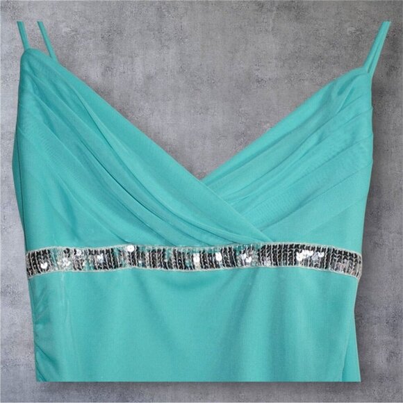 My Michelle Aqua Blue Slip Dress - Size M - Sequin Trim, Ruched Mesh, Ruffle Hem - Picture 4 of 16